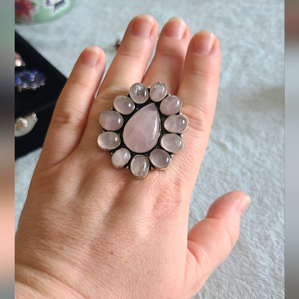 Sterling Silver Rose Quartz Teardrop Cluster Ring
